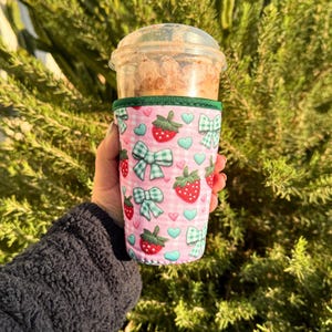 Strawberry Coquette Iced Coffee Coozie Cute Iced Coffee Cup Coozie Drink Hearts Coozie For Iced Coffee Gift for Coffee Lovers Coffee Sleeve