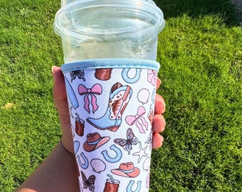 Iced Coffee Sleeve, Coastal Cowgirl Reusable Drink Cozy for 22–24 Oz Cups