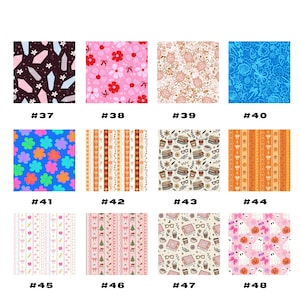 May include: A collection of fabric swatches with various patterns. Designs include floral, geometric, and holiday themes. Each swatch is labeled with a number from 37 to 48.