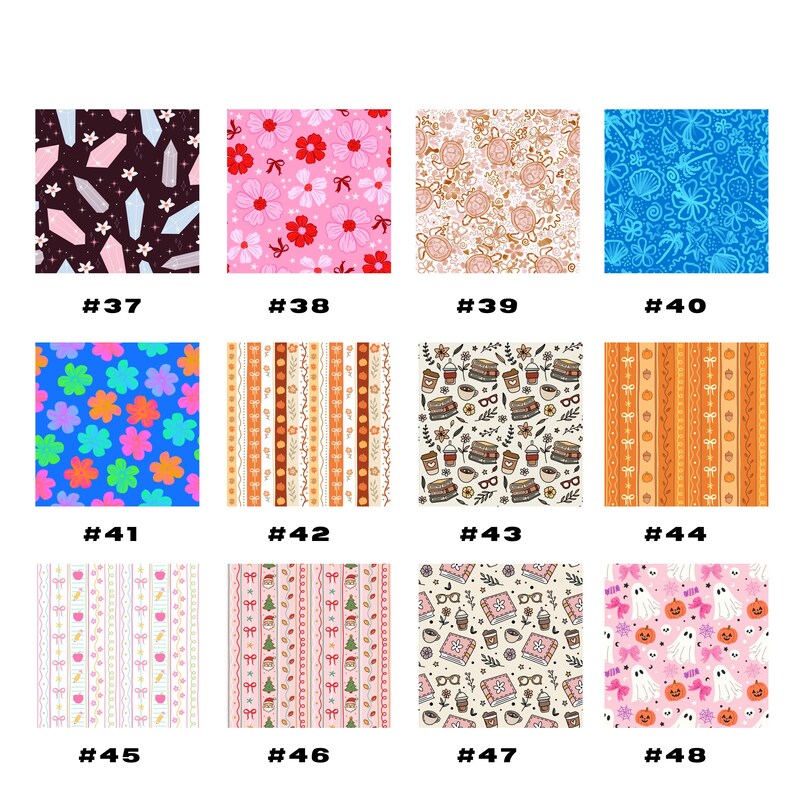 May include: A collection of fabric swatches with various patterns. Designs include floral, geometric, and holiday themes. Each swatch is labeled with a number from 37 to 48.
