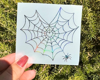 Holographic Spider Web Heart Decal: Goth Car Sticker