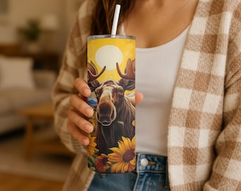Moose and Sunflower 20oz Skinny Tumbler: Coffee Cup