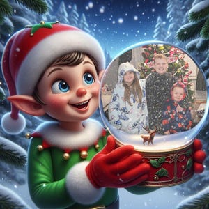 May include: A cartoon elf in a green and red outfit holds a snow globe with a family inside. The snow globe has a red base with gold accents and a small deer figurine. The background is a snowy forest scene.