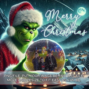 Puede incluir: Imagen digital con temática navideña que presenta un personaje verde con un gorro de Papá Noel sosteniendo un globo de nieve con niños en su interior. Las palabras "Merry Christmas" están escritas en escritura blanca. La imagen incluye un fondo de montaña nevada y el texto "PNG FILE, PUT YOUR IMAGE BEHIND THIS FILE. MOVE AND RESIZE TO FIT EASY AS CAN BE."