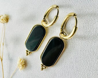 Boucle d'oreilles AGATES NOIRES en acier inoxydable pour femme - boucles pendantes avec pierres agates noires - idée cadeau - bijoux.