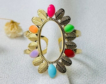 Bague ajustable ELEGANCE en acier inoxydable pour femme - bague ovale en forme de fleur émail colorée - cadeau  - bijoux pour femmes.