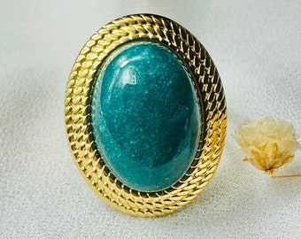 Bague ajustable MALIKA en acier inoxydable pour femme - bague large avec pierre ovale en bleu canard- cadeau  - bijoux pour femmes.