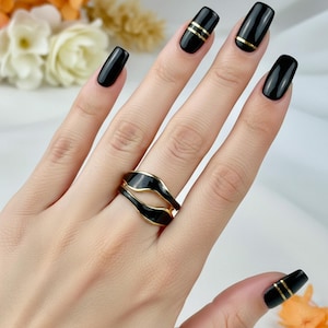 NOCTURNE verstellbarer Edelstahlring für Damen - zweireihiger Ring - Ebenholzschwarze Emaille - Geschenkidee - Damenschmuck
