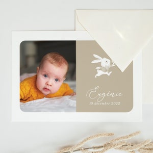 Modèle de faire-part naissance mixte - garçon fille - beige, vert, bleu, ou rose - petit lapin Alice format A6 - template Canva