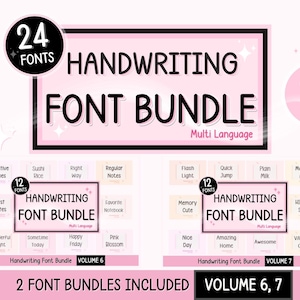 Op de afbeelding: Roze afbeelding die een lettertypebundel voor handschrift met 24 lettertypen promoot. De afbeelding bevat de tekst "Handwriting Font Bundle" en "Multi Language". Twee lettertypebundels, Volume 6 en 7, zijn inbegrepen.