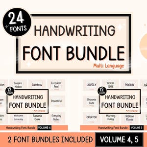 May include: A graphic promoting a handwriting font bundle, featuring 24 fonts in total. The image highlights two sets, each with 12 fonts, labeled as Volume 4 and Volume 5. The text includes "Handwriting Font Bundle" and "Multi Language".
