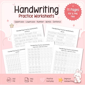 May include: A set of 11 digital handwriting practice worksheets in PDF and PNG formats. The pages feature tracing exercises for uppercase and lowercase letters, numbers, words, and sentences, including the phrase The quick brown fox jumps over the lazy dog.