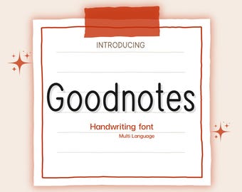 Puede incluir: Una hoja de papel blanca con líneas rojas y una cinta adhesiva roja en la parte superior. El texto "Introducing Goodnotes" está escrito en negro, con la palabra "Goodnotes" en una fuente grande y estilizada. Debajo del texto se encuentra "Handwriting font" y "Multi Language".
