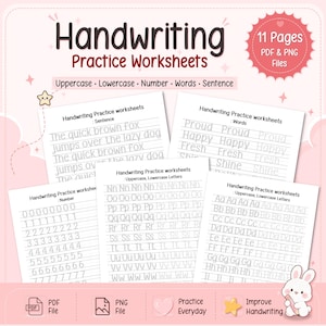 Op de afbeelding: Handschrift oefenbladen met 11 pagina's aan PDF- en PNG-bestanden. De bladen bevatten hoofdletters en kleine letters, cijfers, woorden en zinnen met stippellijnen om over te trekken op een lichtroze achtergrond.