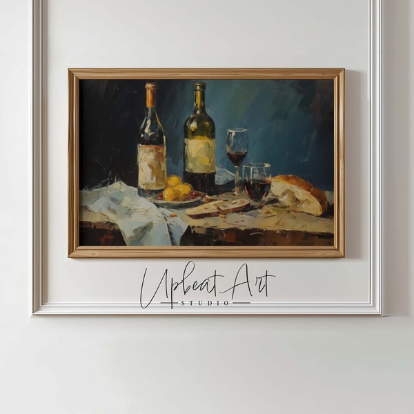PRINTABLE Vintage Wine Still Life Painting Moody Wine Wall Art Restaurant Decor Kitchen Oil Painting Winery Digital