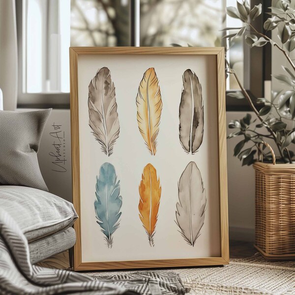 Bird Feather Print, Feathers Watercolor Wall Art, Feather Art Print, Modern Kids Print Feather Decor Printable Wall Art