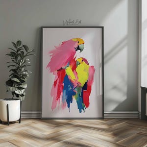 Pintura de loros tropicales, lienzo abstracto de loros, arte de loros exóticos, impresión artística de agapornis, decoración del hogar, descarga instantánea