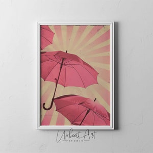 Póster retro rosa, estampado de sombrilla de playa estilo preppy, decoración de apartamento rosa, arte de pared imprimible femenino, arte de pared con sombrilla rosa