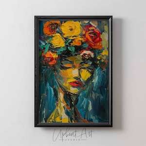 PRINTABLE Floral Woman Painting, Botanical Female Portrait, Abstract Floral Print, Face Modern Colorful Print