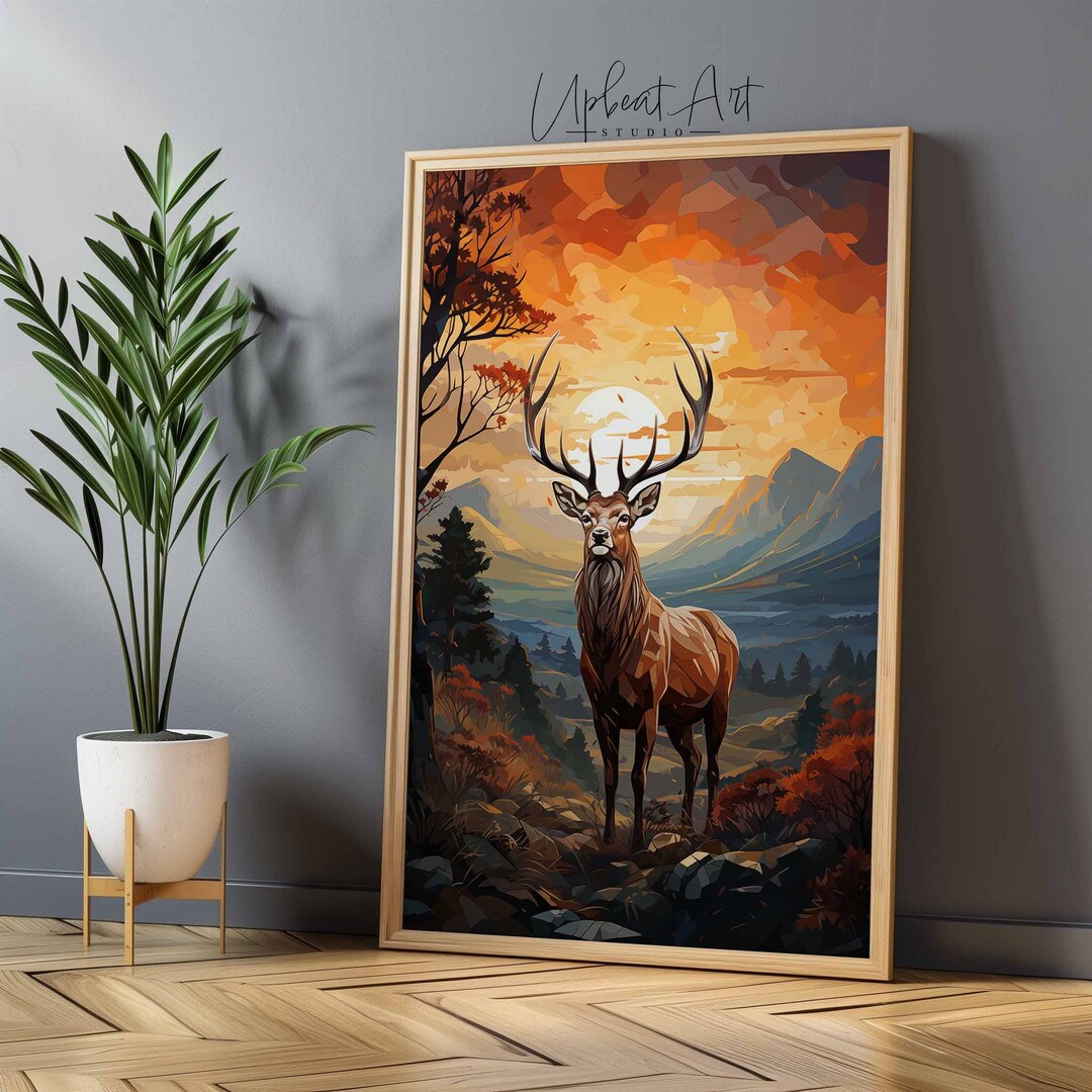 Deer Watercolor Wall Art, Mountain Sunset Painting, Stag Woodland Print ...