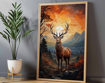 Reh Aquarell Wandkunst, Berg Sonnenuntergang Malerei, Hirsch Wald Dekor, majestätische Hirsch Dekor, digitale druckbare Kunst
