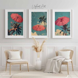 Juego de 3 impresiones de paraguas rosas, póster retro rosa, arte de pared con sombrillas de playa, decoración de apartamentos rosas, pósteres de Palm Springs de los años 70