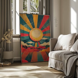 Retro Sun Poster, Printable Vintage Wall Art, Sunburst 70s Decor, Sun Ray Art Poster Abstract Sunrise Instant Download