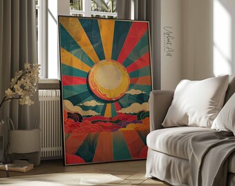 Retro Sun Poster, Printable Vintage Wall Art, Sunburst 70s Decor, Sun Ray Art Poster Abstract Sunrise Instant Download