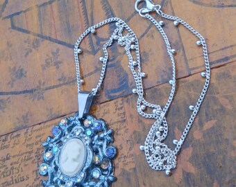 Blue Cameo Pendant on Dainty Silver Ball Chain