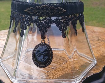 Momento Mori Cameo on Ribbon and Lace Steampunk Choker Necklace