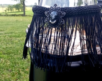 Black Lace Fringe Choker with OOAK Artisan Handcrafted Cameo Profile and Corset Lace-Up Closure