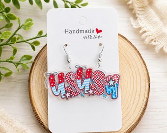 Fourth of July Earrings | USA Patriotic Dangle Earrings | Red White Blue Handmade Acrylic Jewelry