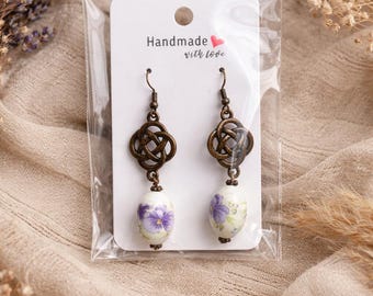 Handcrafted Floral Ceramic Bead Knot Earrings | Antique Bronze Boho Dangle