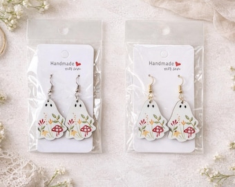 Handmade Ghost Floral Mushroom Earrings -  Cottagecore - Nature Jewelry - spooky jewelry