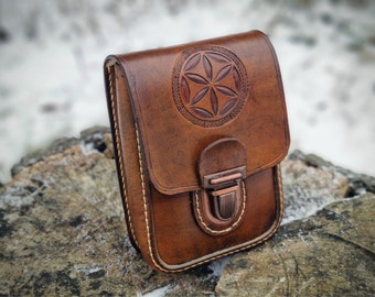 Leather Belt Pouch with Slavic Symbols, Handmade Leather Waist Bag, Leather Hip Bag, Hand Dyed and Sewn, Slavic Mythology, Medieval and Larp