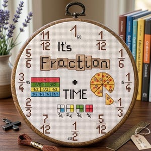 May include: A cross-stitch embroidery in a wooden hoop, featuring a clock design with fractions. The text reads "It's Fraction Time." The clock face includes fraction representations, a pizza slice, and numbers. The hoop is displayed on a wooden surface.