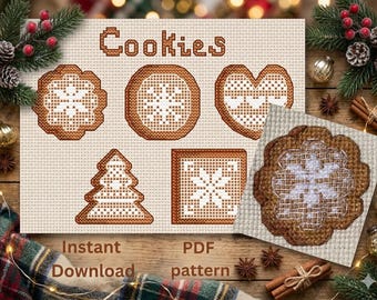 May include: A cross-stitch pattern featuring various cookie designs, including a snowflake, heart, and Christmas tree. The word "Cookies" is displayed at the top. The words "Instant Download" and "PDF pattern" are also visible.