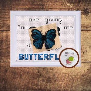 Blauwe vlinder kruissteek, realistische kruissteek dieren, vlinder valentijnskaart, insecten kruissteek, cadeau voor stitcher, klein patroon