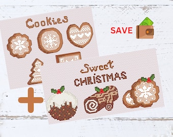 May include: Two cross-stitch patterns for Christmas cookies. The first pattern features a variety of cookies, including a snowflake, a star, a heart, a tree, and a rectangle. The second pattern features a Christmas pudding, a yule log, and a snowflake cookie. The text "Cookies" and "Sweet Christmas" is included in the patterns.