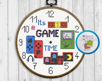 Gamer cross stitch clock pattern, stitching time, modern cross stitch, vintage cross stitch, gift for crafter, gift for cross stitcher, PDF