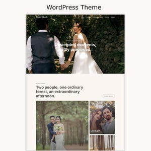 Può includere: Un layout di sito web con tema WordPress che presenta un'immagine principale di una coppia in una foresta con il testo Unscripted moments, softly preserved. Sotto, il testo recita Two people, one ordinary forest, an extraordinary afternoon, con ulteriori foto di matrimonio.