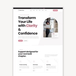 May include: A website landing page for Modern Muse featuring the headline Transform Your Life with Clarity & Confidence. The layout includes a navigation bar, a hero section with a photograph of a person holding a laptop, and a services section.