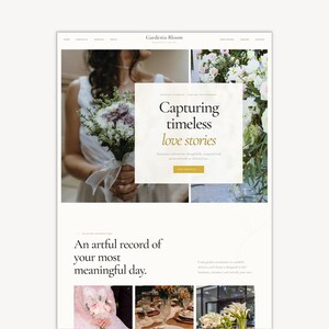 May include: A website landing page for Gardenia Bloom featuring the text Capturing timeless love stories. The layout includes a photograph of a person holding a floral bouquet, a section titled An artful record of your most meaningful day, and smaller images of wedding details, table settings, and floral arrangements.