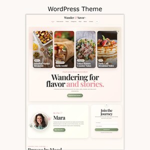 May include: A WordPress theme layout titled Wander & Savor featuring a food and travel blog design. The interface includes a hero section with four image cards, the text Wandering for flavour and stories, a profile section for Mara, and a newsletter sign-up.
