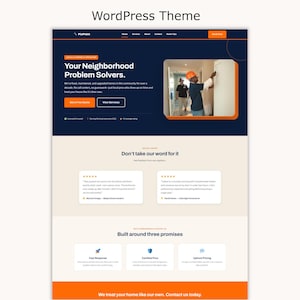 Könnte beinhalten: Ein WordPress-Theme-Website-Layout mit einem dunkelblauen und orangefarbenen Farbschema. Die Kopfzeile zeigt den Text FixPoint, gefolgt von einem Hero-Bereich mit der Überschrift Your Neighborhood Problem Solvers und einem Foto eines Technikers.