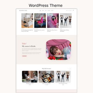 May include: A WordPress theme website layout titled Elodie Mae featuring a navigation menu, a blog post section with four images, an about section with a portrait of a person, and a shop section displaying three product images with text.