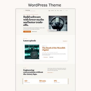 May include: A WordPress theme layout featuring a light beige background with dark text. The design includes a header, a featured section with a headphone graphic, a latest episode section with a sound wave image, and a statistics footer area.