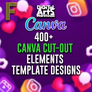 K&ouml;nnte beinhalten: Ein lila Grafik mit dem Wort "Canva" in blauer und wei&szlig;er Schrift. Darunter steht "400+ Canva Cut-Out Elements Template Designs" in Gr&uuml;n und Wei&szlig;. Social-Media-Icons und Herzen sind im Hintergrund unscharf.