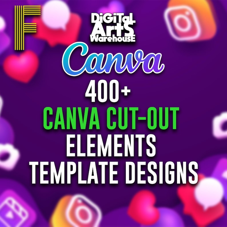 K&ouml;nnte beinhalten: Ein lila Grafik mit dem Wort "Canva" in blauer und wei&szlig;er Schrift. Darunter steht "400+ Canva Cut-Out Elements Template Designs" in Gr&uuml;n und Wei&szlig;. Social-Media-Icons und Herzen sind im Hintergrund unscharf.