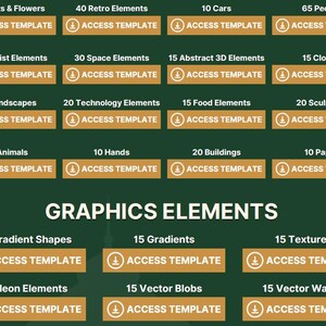 K&ouml;nnte beinhalten: Eine dunkelgr&uuml;ne Grafik mit verschiedenen Designelementen, darunter Pflanzen, Retro-Elemente, Autos und Personen. Jede Kategorie ist mit einer Nummer und dem Text "ACCESS TEMPLATE" in einer goldenen Box versehen. Die Worte "GRAPHICS ELEMENTS" stehen im Zentrum.